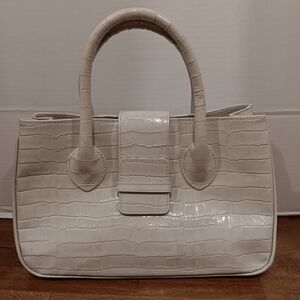 Croc-Embossed Top-Handle Tote in Cream